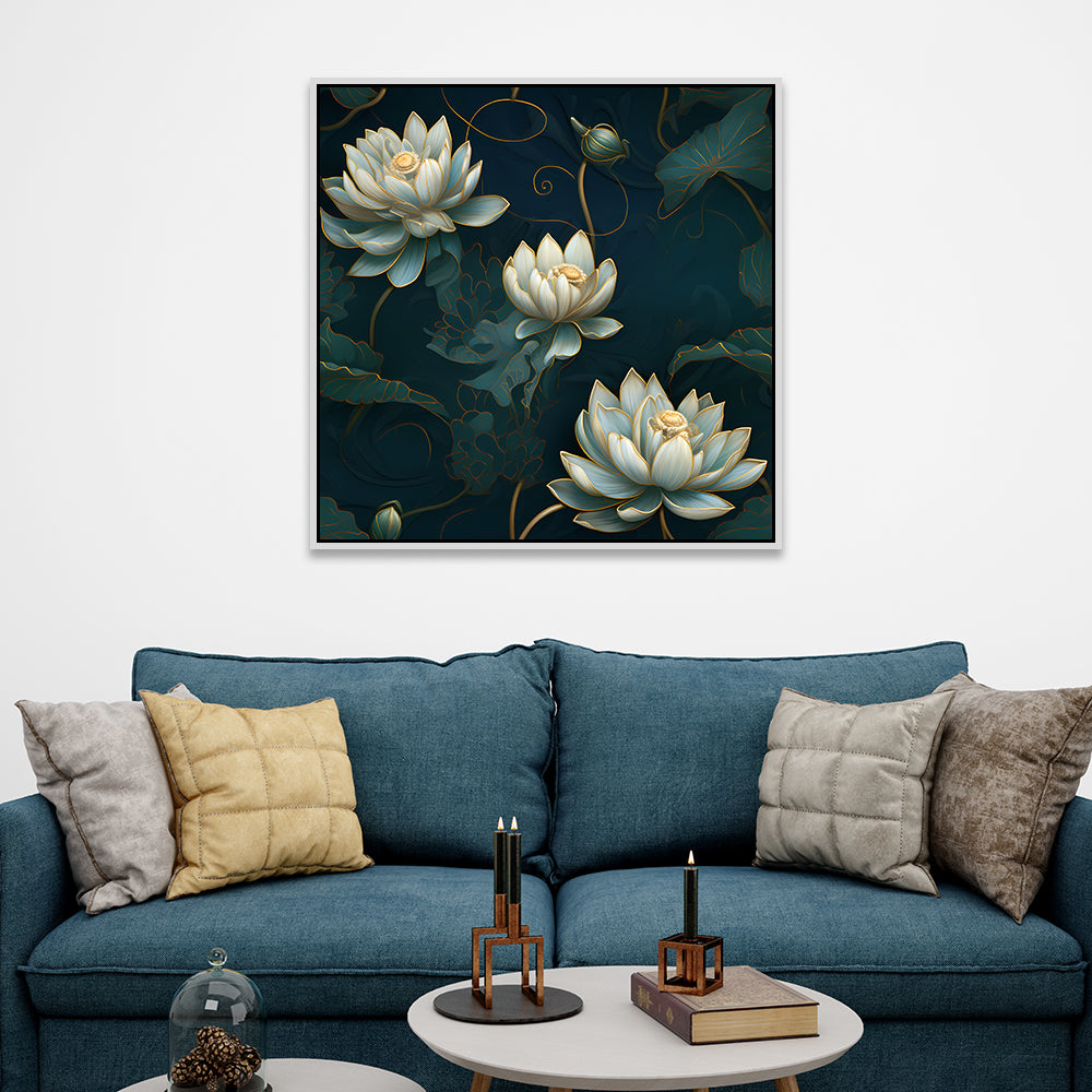 3D Embossed White & Gold Lotus Canvas Floral Vastu Wall Painting