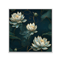 3D Embossed White & Gold Lotus Canvas Floral Vastu Wall Painting