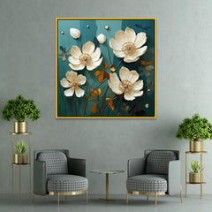 Teal And White Gold Floral 3d Digital Printed Canvas Wall Painting