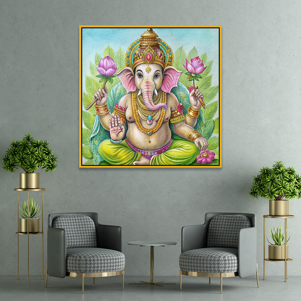 Vibrant Lord Ganesha Square Canvas Wall Painting