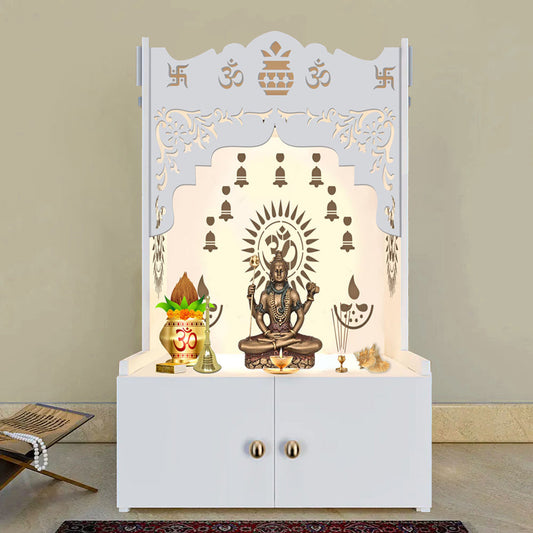 Holy Symbol Om Chakra Floor Temple with Spacious Wooden Shelf & Inbuilt Focus Light- White Finish