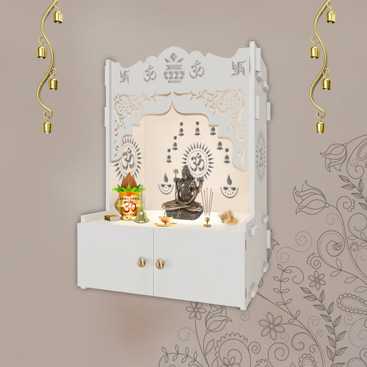 Designer Holy Symbol Om White MDF Wood Temple with Inbuilt Focus Light & Spacious Shelf