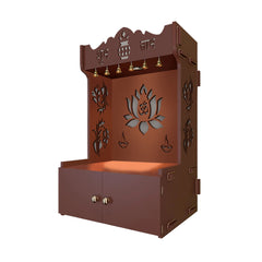 Beautiful Lotus Pattern Floor Temple with Spacious Wooden Shelf & Inbuilt Focus Light- Brown Finish