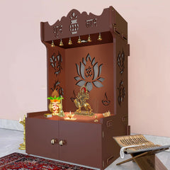 Beautiful Lotus Pattern Floor Temple with Spacious Wooden Shelf & Inbuilt Focus Light- Brown Finish