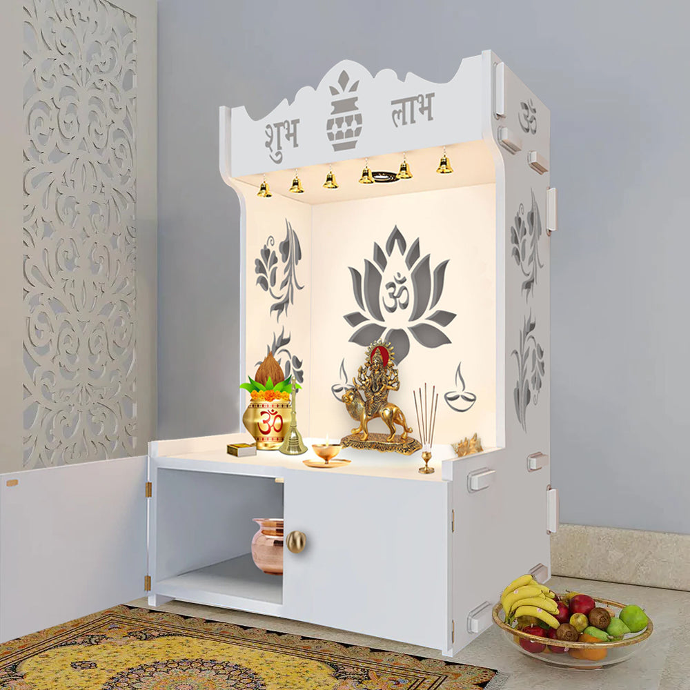 Beautiful Lotus Pattern Floor Temple with Spacious Wooden Shelf & Inbuilt Focus Light- White Finish