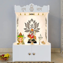 Beautiful Lotus Pattern Floor Temple with Spacious Wooden Shelf & Inbuilt Focus Light- White Finish