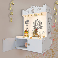 Beautiful Lotus Pattern White Wooden Wall Temple for Home With Inbuilt focus Lights & Spacious Shelf