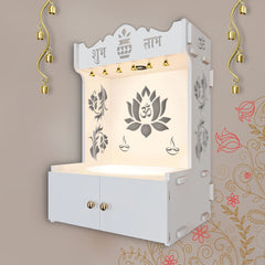 Beautiful Lotus Pattern White Wooden Wall Temple for Home With Inbuilt focus Lights & Spacious Shelf