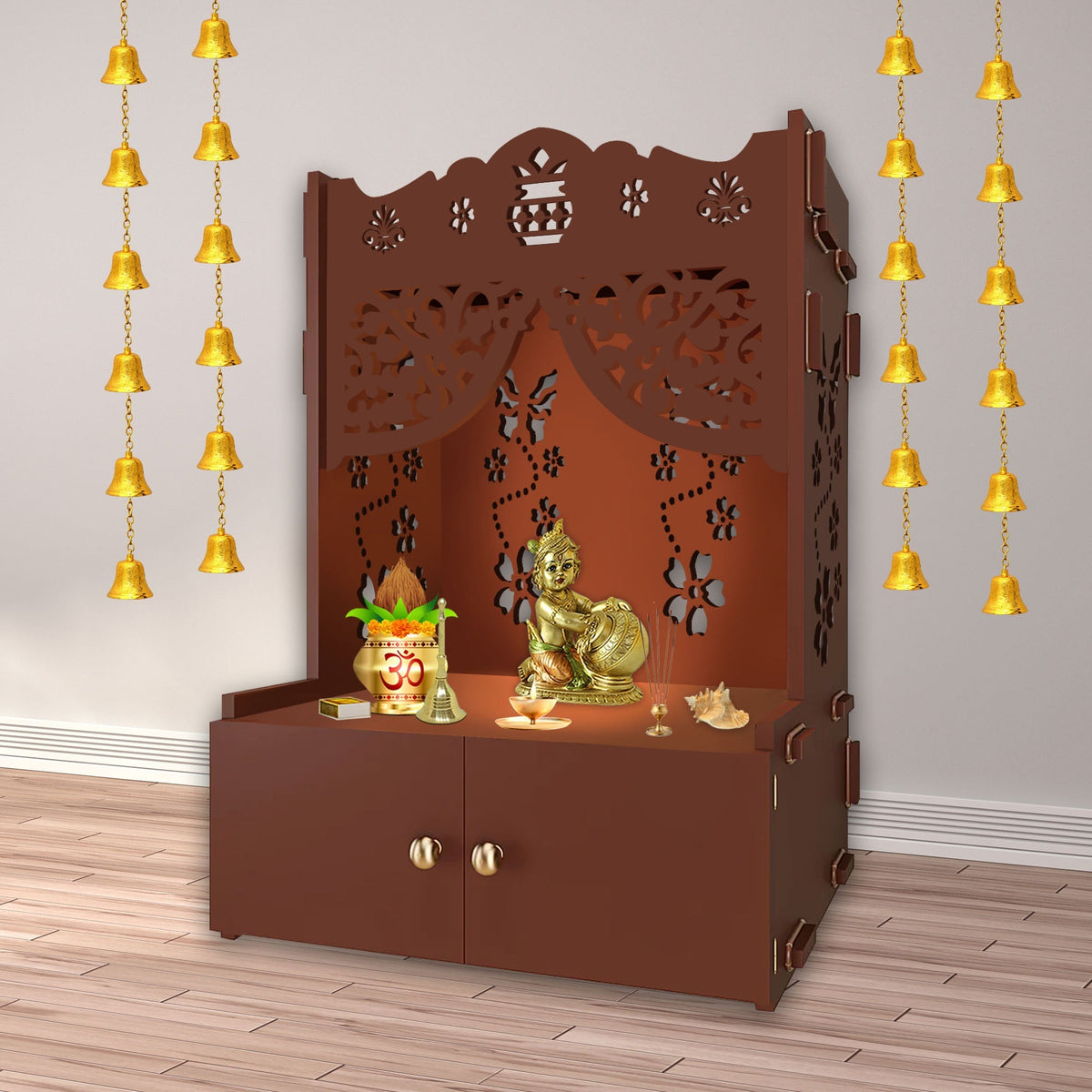 Beautiful Flower Design Pattern Floor Temple with Spacious Wooden Shelf & Inbuilt Focus Light- Brown Finish