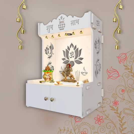 Beautiful Lotus Pattern White Wooden Wall Temple for Home With Inbuilt focus Lights & Spacious Shelf