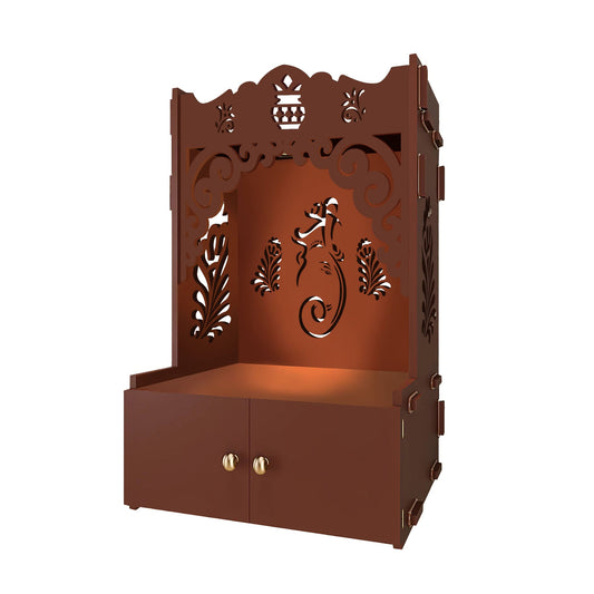 Beautiful Design of Shri Ganesh Floor Temple with Spacious Wooden Shelf & Inbuilt Focus Light- Brown Finish