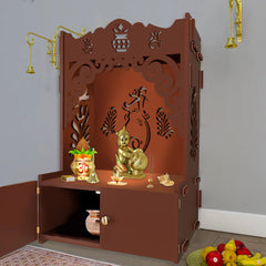 Beautiful Design of Shri Ganesh Floor Temple with Spacious Wooden Shelf & Inbuilt Focus Light- Brown Finish