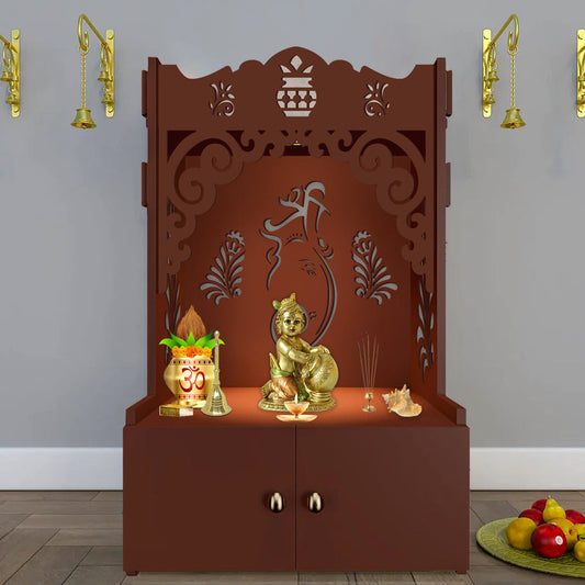 Beautiful Design of Shri Ganesh Floor Temple with Spacious Wooden Shelf & Inbuilt Focus Light- Brown Finish