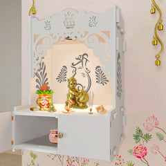 Beautiful Design of Lord Ganesh White Wooden Wall Temple for Home With Inbuilt focus Lights & Spacious Shelf