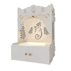 Beautiful Design of Lord Ganesh White Wooden Wall Temple for Home With Inbuilt focus Lights & Spacious Shelf