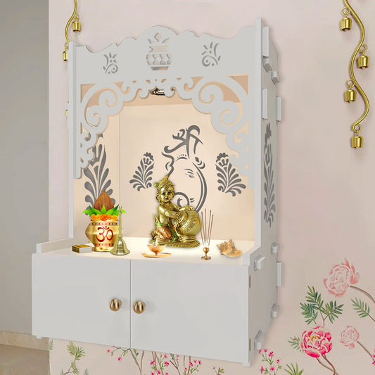 Beautiful Design of Lord Ganesh White Wooden Wall Temple for Home With Inbuilt focus Lights & Spacious Shelf