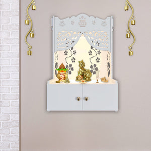Swastika Kalash Symbol of Hindu Religious White Wooden Wall Temple for Home With Inbuilt focus Lights & Spacious Shelf