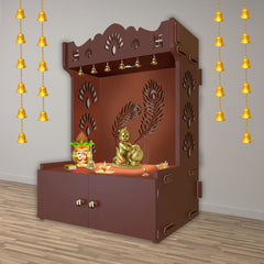 Premium Art of Mor Pankh Floor Temple with Spacious Wooden Shelf & Inbuilt Focus Light- Brown Finish