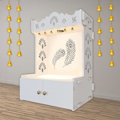 Premium Art of Mor Pankh Floor Temple with Spacious Wooden Shelf & Inbuilt Focus Light- White Finish