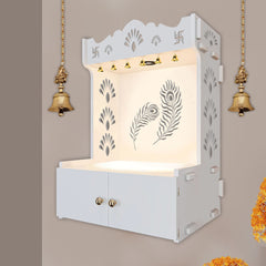 Premium Art of Mor Pankh White Wooden Temple for Home with Inbuilt Focus Light & Spacious Shelf