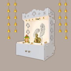 Premium Art of Mor Pankh White Wooden Temple for Home with Inbuilt Focus Light & Spacious Shelf