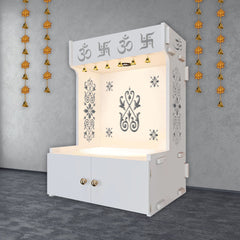 OM Swastika Symbol of Hindu Religious Floor Temple with Spacious Wooden Shelf & Inbuilt Focus Light- White Finish