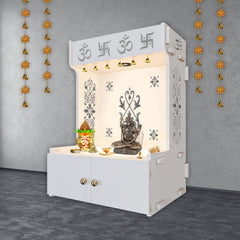 OM Swastika Symbol of Hindu Religious Floor Temple with Spacious Wooden Shelf & Inbuilt Focus Light- White Finish