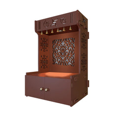 Designer Intricate Jali Design Pattern Floor Temple with Spacious Wooden Shelf & Inbuilt Focus Light- Brown Finish