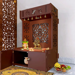 Designer Intricate Jali Design Pattern Floor Temple with Spacious Wooden Shelf & Inbuilt Focus Light- Brown Finish