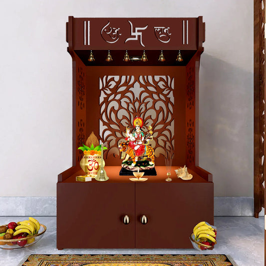 Designer Intricate Jali Design Pattern Floor Temple with Spacious Wooden Shelf & Inbuilt Focus Light- Brown Finish