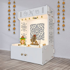 Designer Intricate Jali Design Pattern Floor Temple with Spacious Wooden Shelf & Inbuilt Focus Light- White Finish