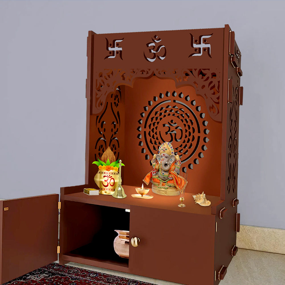 Designer Om Chakra Floor Temple with Spacious Wooden Shelf & Inbuilt Focus Light- Brown Finish