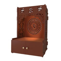 Designer Om Chakra Floor Temple with Spacious Wooden Shelf & Inbuilt Focus Light- Brown Finish