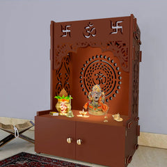 Designer Om Chakra Floor Temple with Spacious Wooden Shelf & Inbuilt Focus Light- Brown Finish