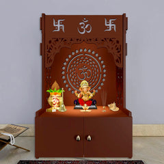 Designer Om Chakra Floor Temple with Spacious Wooden Shelf & Inbuilt Focus Light- Brown Finish