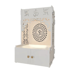 Designer Om Chakra Floor Temple with Spacious Wooden Shelf & Inbuilt Focus Light- White Finish