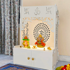 Designer Om Chakra Floor Temple with Spacious Wooden Shelf & Inbuilt Focus Light- White Finish