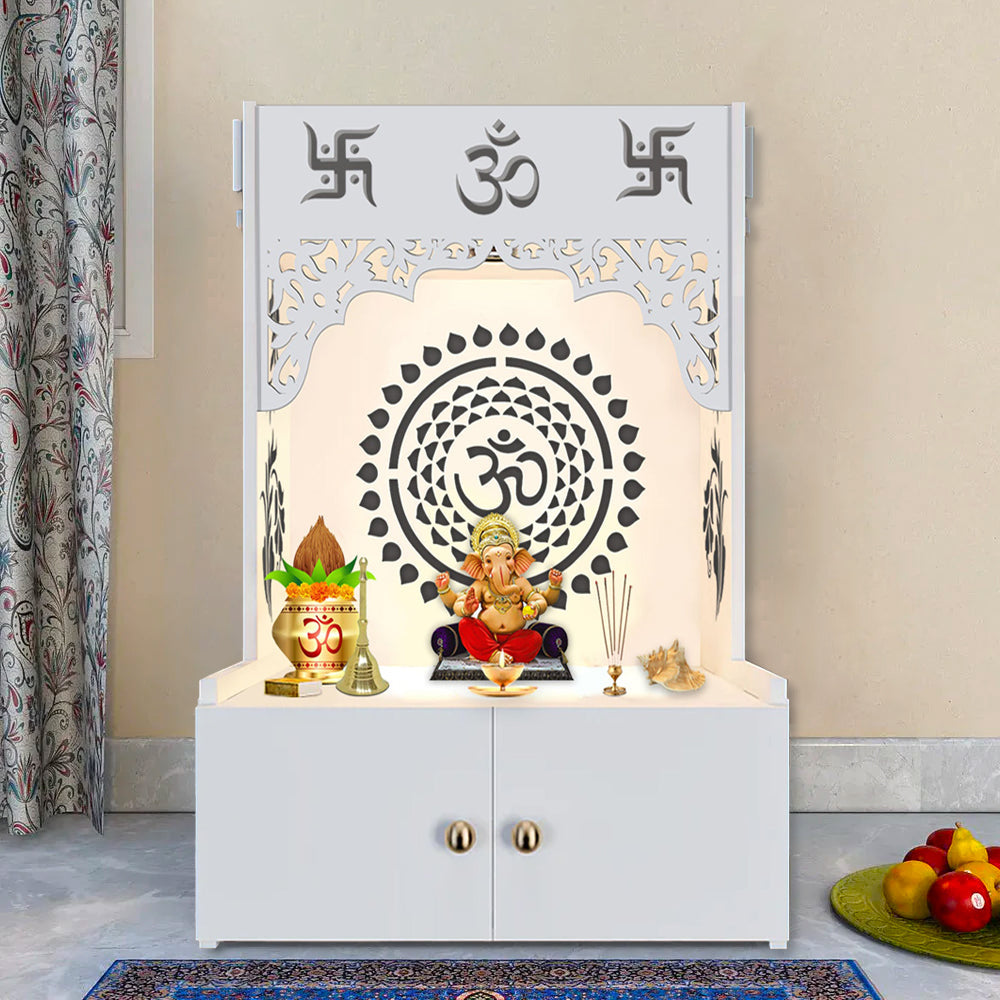 Designer Om Chakra Floor Temple with Spacious Wooden Shelf & Inbuilt Focus Light- White Finish