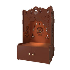 Holy Symbol Om Chakra Floor Temple with Spacious Wooden Shelf & Inbuilt Focus Light- Brown Finish