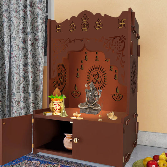 Holy Symbol Om Chakra Floor Temple with Spacious Wooden Shelf & Inbuilt Focus Light- Brown Finish