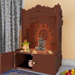 Holy Symbol Om Chakra Floor Temple with Spacious Wooden Shelf & Inbuilt Focus Light- Brown Finish