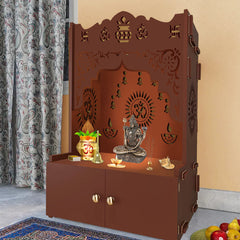 Holy Symbol Om Chakra Floor Temple with Spacious Wooden Shelf & Inbuilt Focus Light- Brown Finish