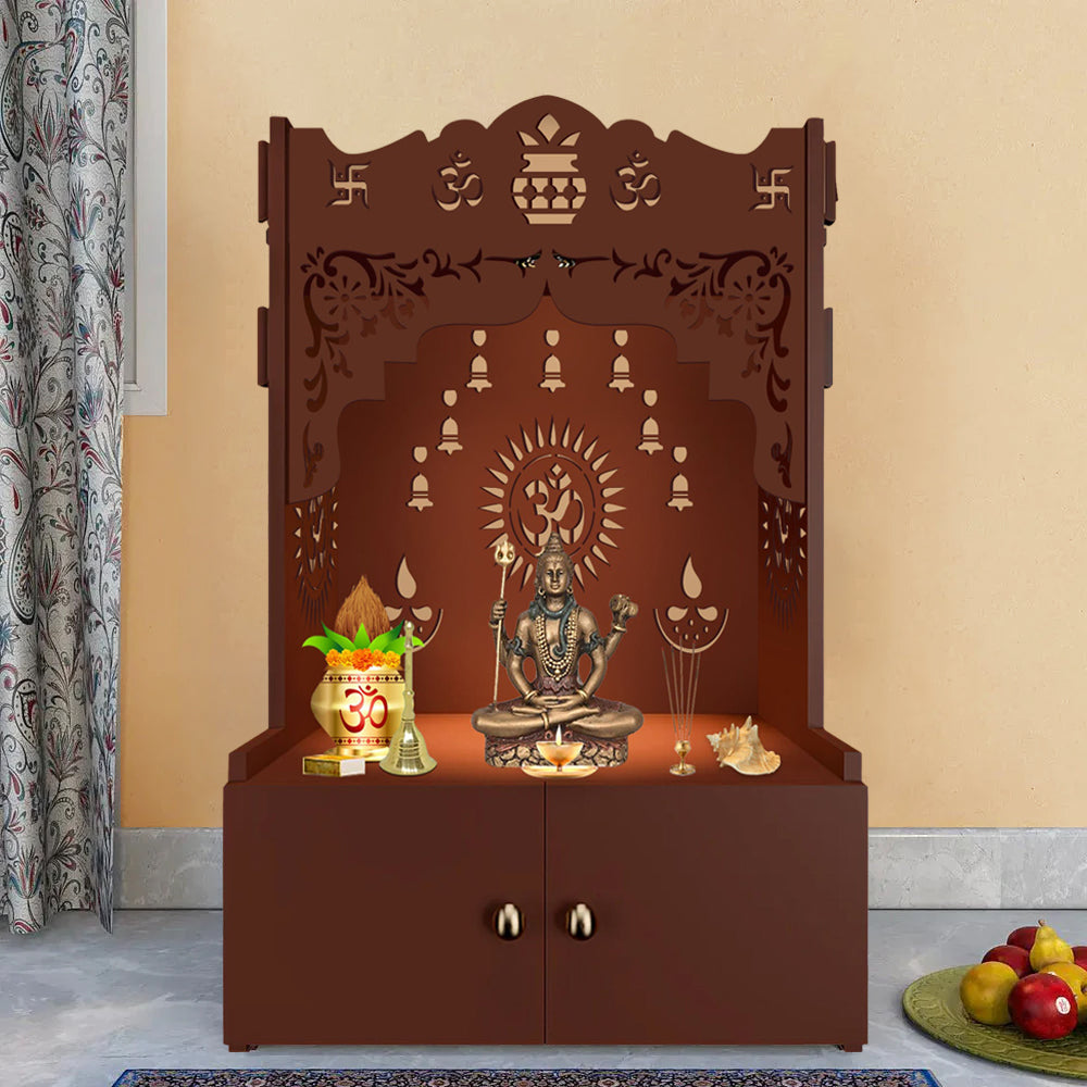 Holy Symbol Om Chakra Floor Temple with Spacious Wooden Shelf & Inbuilt Focus Light- Brown Finish