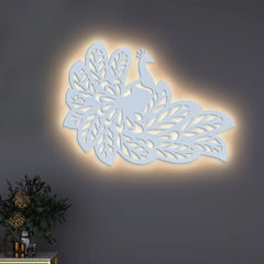 Beautiful Peacock Wings Designer Art Backlit Wooden Wall Decor with LED Night Light Walnut Finish