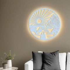 Beautiful Mountain and Rising Sun Scenery Backlit Wooden Wall Decor with LED Night Light Walnut Finish