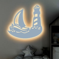 Sailboat Lighthouse Backlit Wooden Wall Decor with LED Night Light Walnut Finish