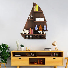 Ship Backlit Wood Wall Shelf / Book Shelf / Night Light, Walnut Finish