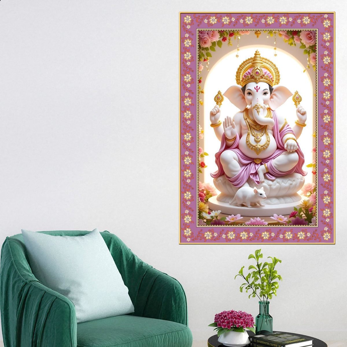 Ekadanta Ganesha Floral Border Vertical Wall Painting