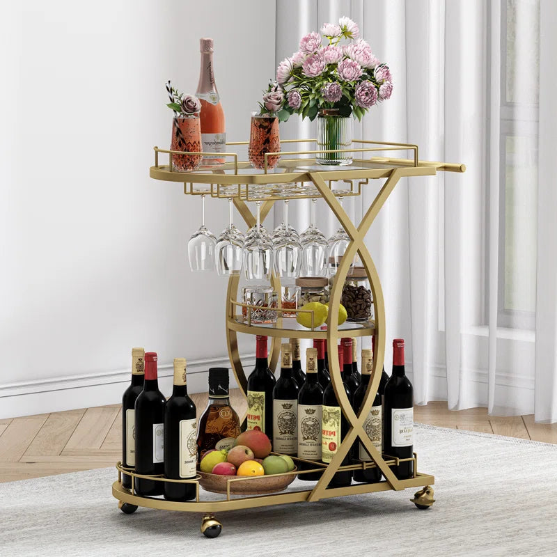 Elegant Gold Metal Bar Cart With Artistic Arched Detailing