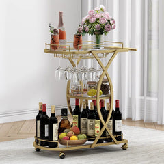 Elegant Gold Metal Bar Cart With Artistic Arched Detailing